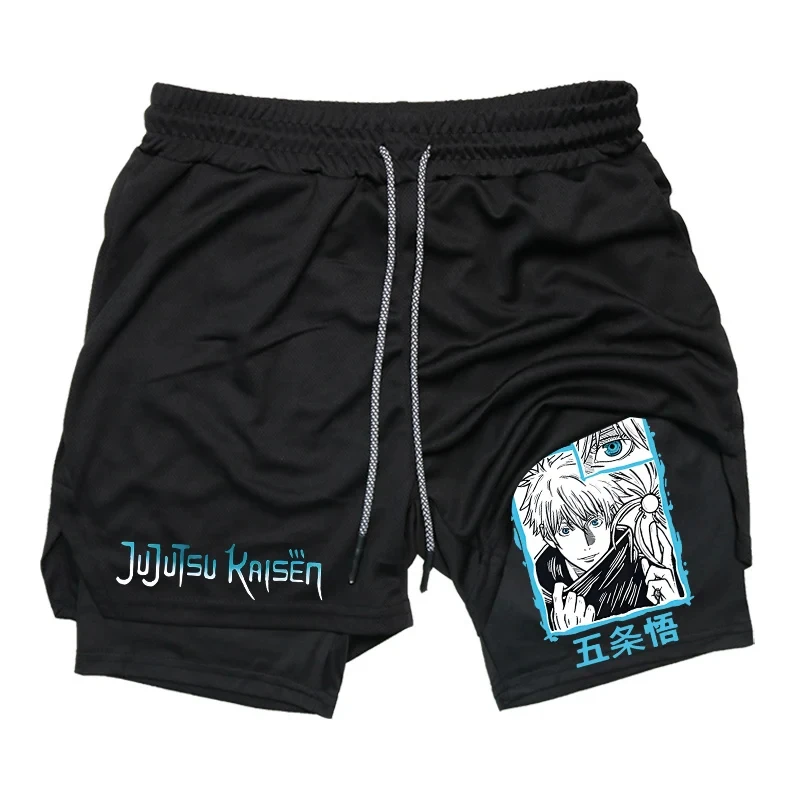 Anime Jujutsu Kaisen 2 in 1 Compression Shorts for Men Athletic Quick Dry Performance Shorts with Pockets Gym Workout Fitness