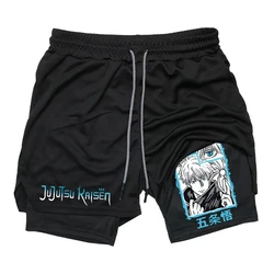 Pantalones cortos de compresión de Anime Jujutsu Kaisen para hombres, pantalones cortos atléticos de secado rápido, rendimiento con bolsillos, gimnasio, entrenamiento, Fitness, 2 en 1