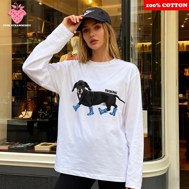 

American Sausage Dog Print T-shirt Women 2025 Autumn New 100% Cotton White Long Sleeves Oversize T-shirt Y2k Top Ladies clothing