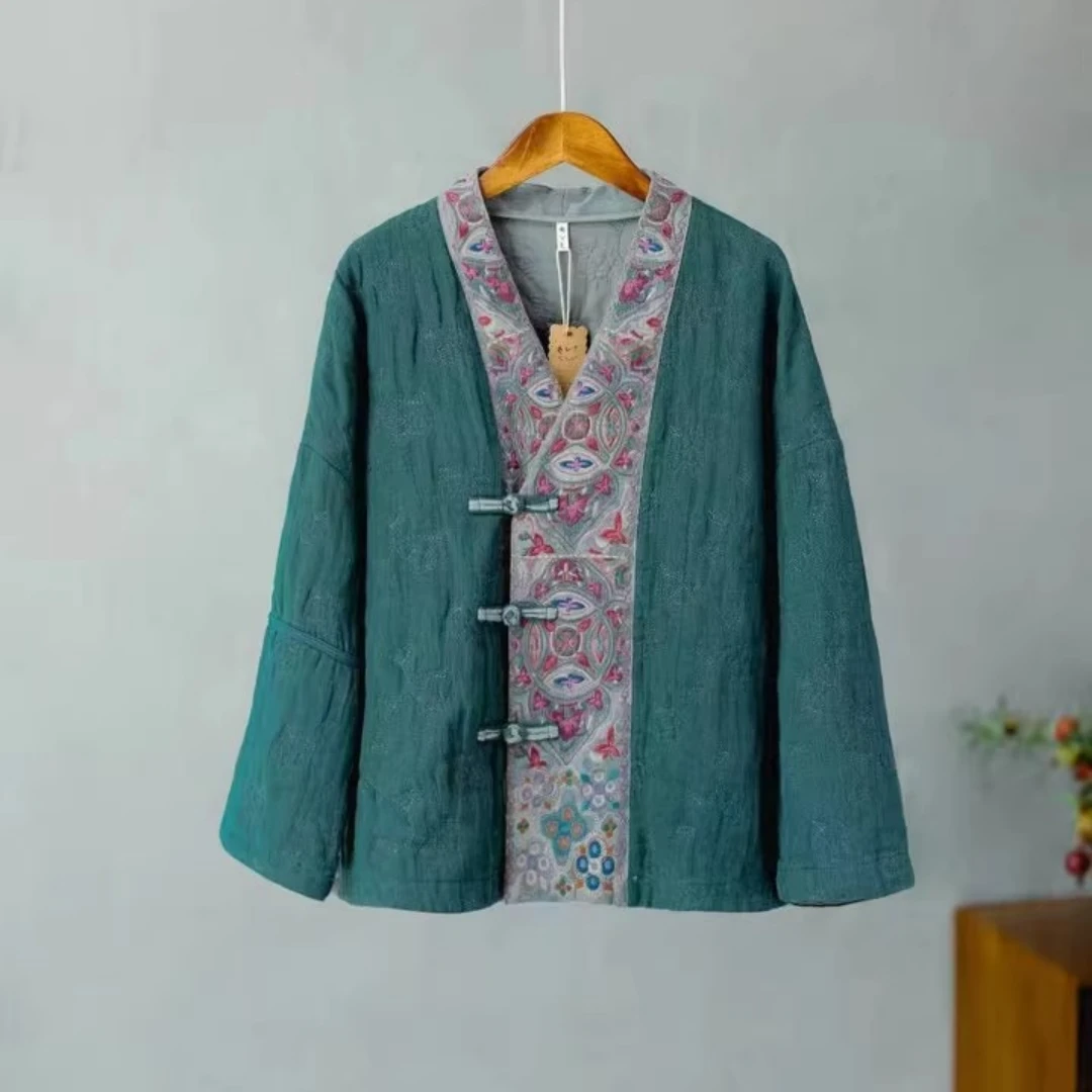 Vintage woman coat Green cotton linen Short padded jacket Ethnic style embroidery loose V-neck quilted jacket Autumn clothes