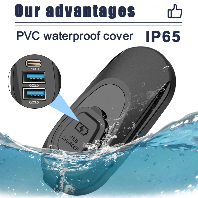 66W 3 IN 1 Quick Phone Charger Socket Panel Dual USB-A QC3.0 & PD Type-C Outlet IP65 Waterproof for 12-24V Car Truck Golf Boat