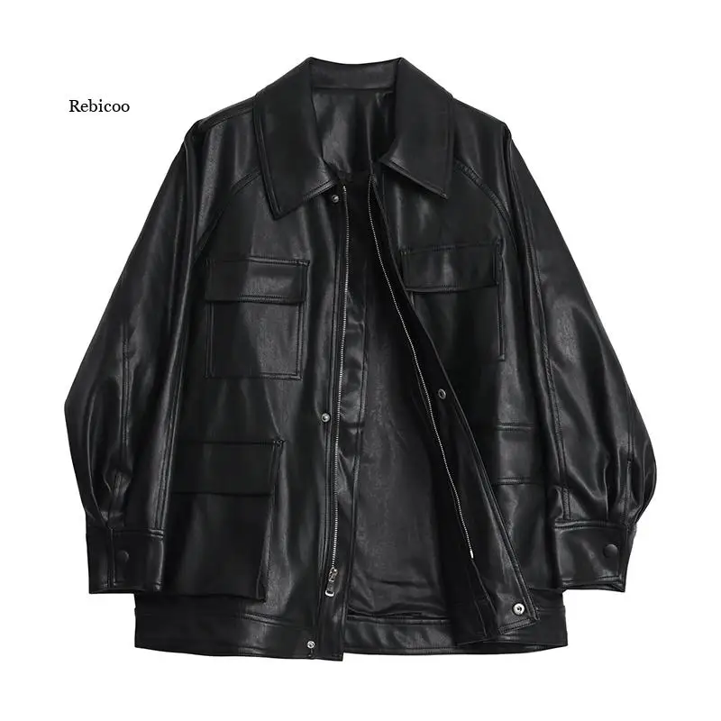 Mid-length Black PU Coats Women Faux Leather Jacket Autumn Vintage Motor Biker Jackets Elegant With Belt Waist Big Pockets Coats