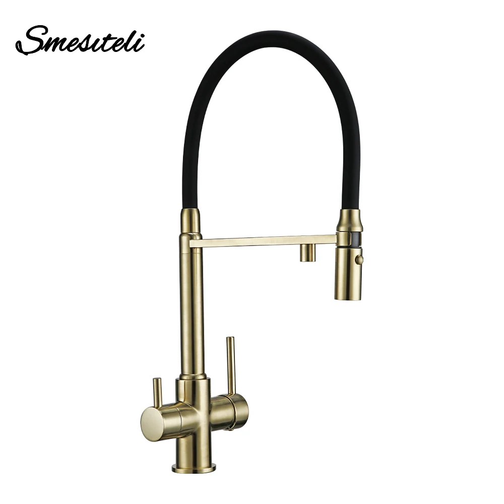 

Kitchen Faucet Brushed Gold 360° Rotation 3 Ways Sink Mixer Black Hose Mount Pull Out Dual Spray Nozzle Water Kitchen Brass Taps