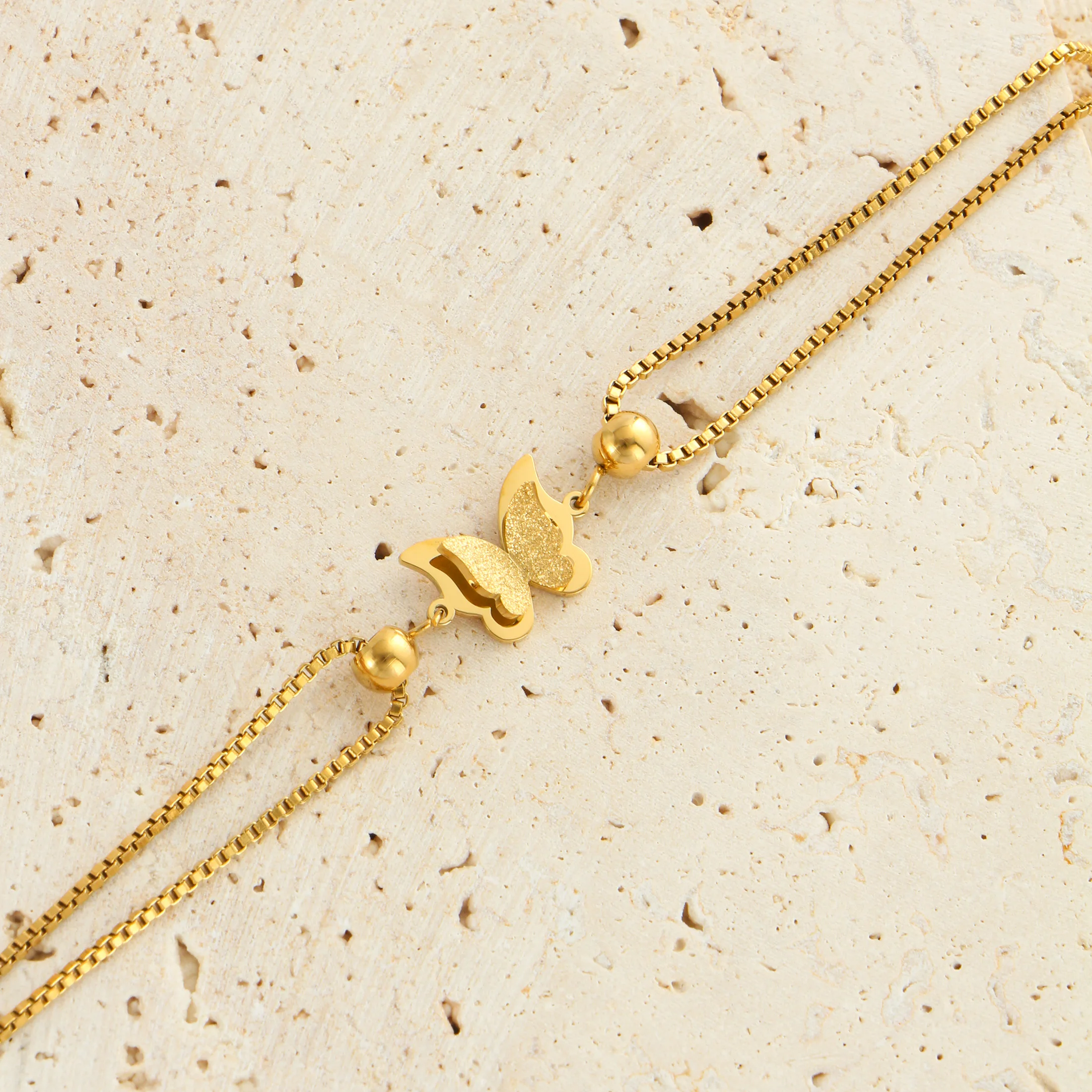 Frosted Butterfly Women\'s Vintage Beach Style Titanium Steel Plated 18k Gold Low Allergy Layered Jewelry Gift Feet Chain