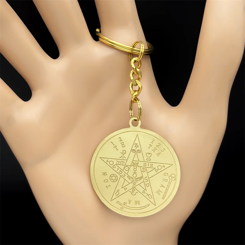 Gothic Gold Color Pentagram Key Chain for Women Stainless Steel Witchcraft Original Tetragrammaton Solomon Amulet Jewelry