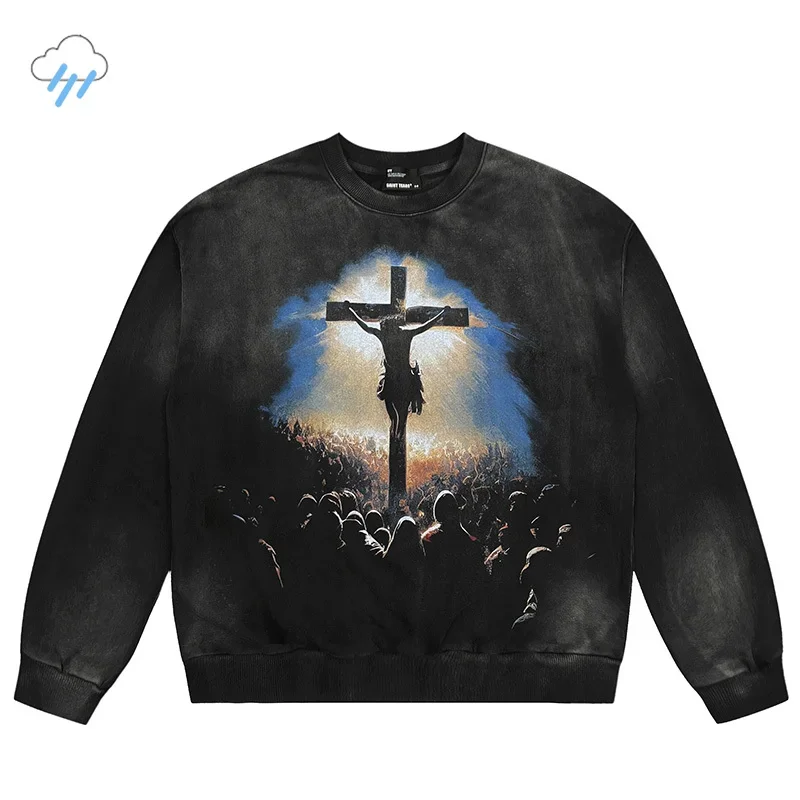 

Hip Hop Cross Print Heavy Fabric Cotton Crewneck Pullovers Vintage Washed Black Oversized Saint Tears Sweatshirts For Men Women