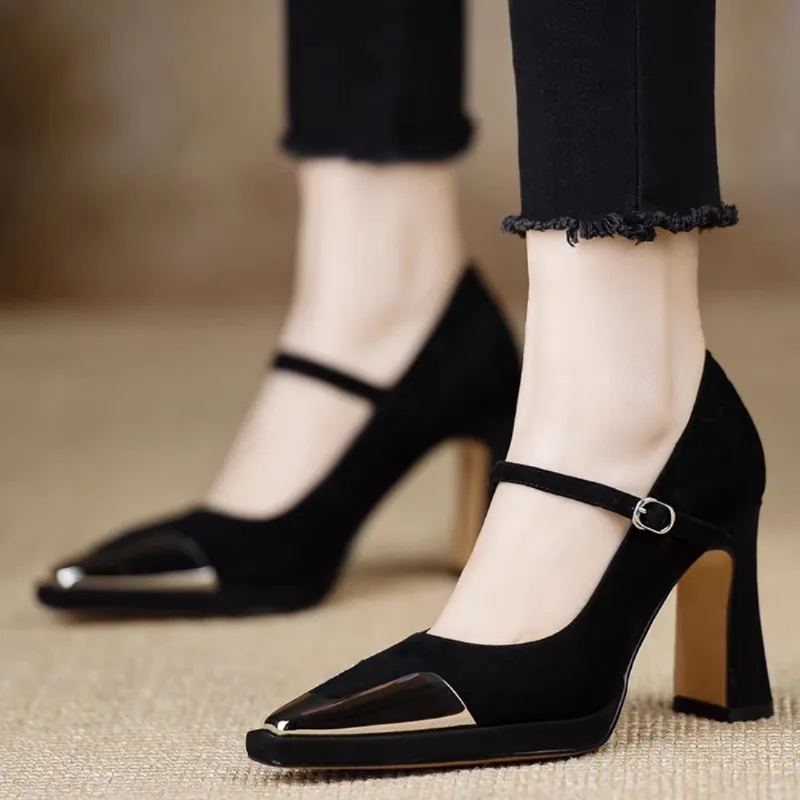 Square Toe High Heels Women Shoes Elegant Chunky Party 2024 Autumn Shoes Designer Buckle Pumps Walking Fashion Femme Chaussures