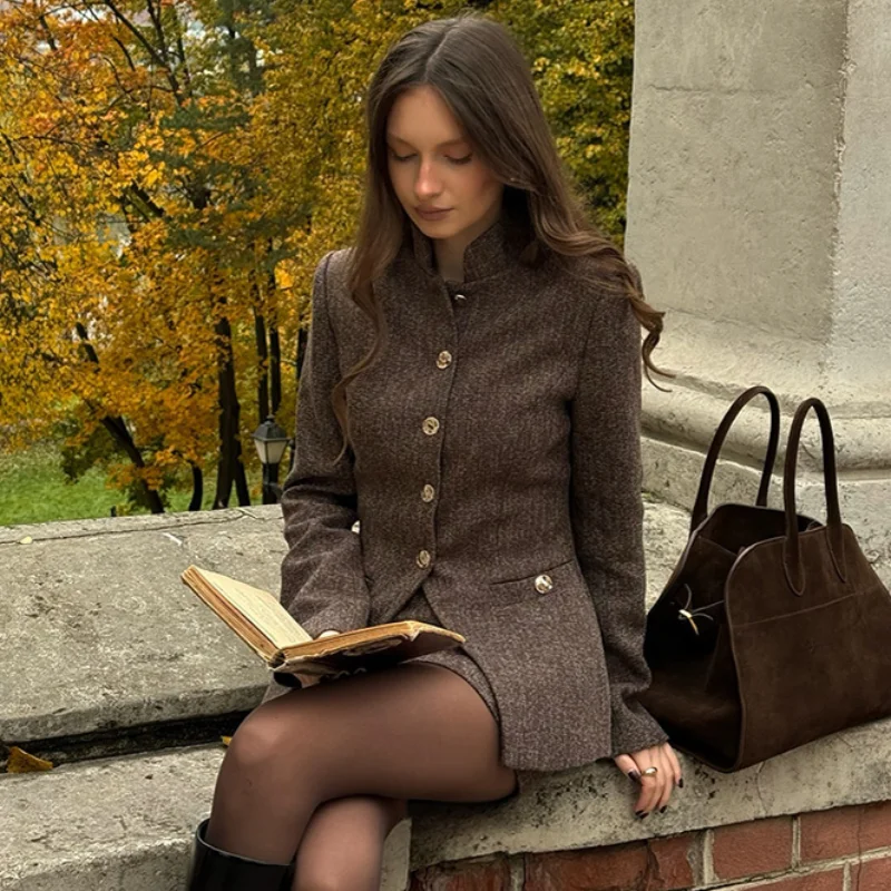 

Women Elegant Short Set Shoulder Straight Solid Color Long Sleeves Top Slim Fit Skirt 2025 New Vintage High Street Outwear