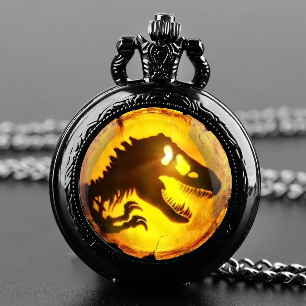 Quartz Pocket Watch Dinosaur Park Glass Dome With Durable Chain Arabic Numeral Dial Halloween Gifts for Men Women Kids