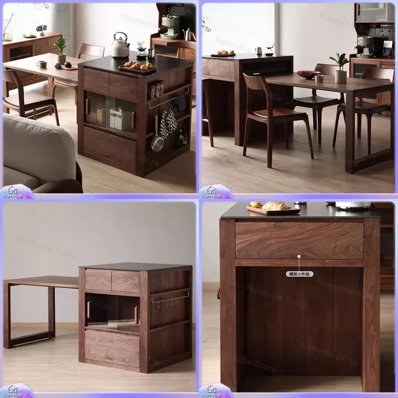 Nordic Solid Wood Kitchen Island Table Retractable Dining Bar Counter with Storage Cabinet Black Walnut Rock Slab Top for