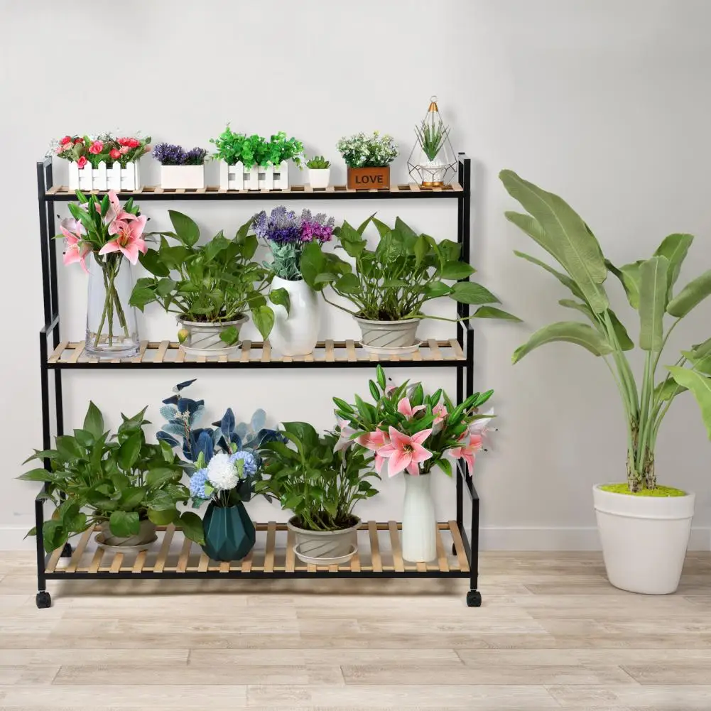 Plant Rack Stepped-wedge Design Easy To Install Indoor Plant Shelf 3 Tier 360 Degree Wheels Large Capacity Plant Flower Shelf