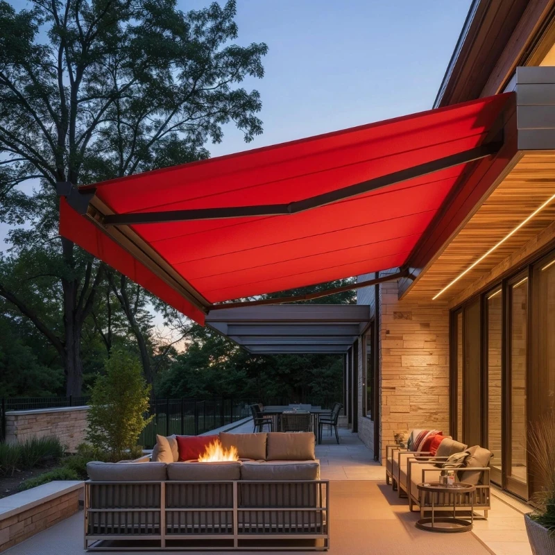 Aluminum Retractable Awning Full Box Type Motorized with LED Lights & Rainproof Design for Balcony & Terrace Luxury Style