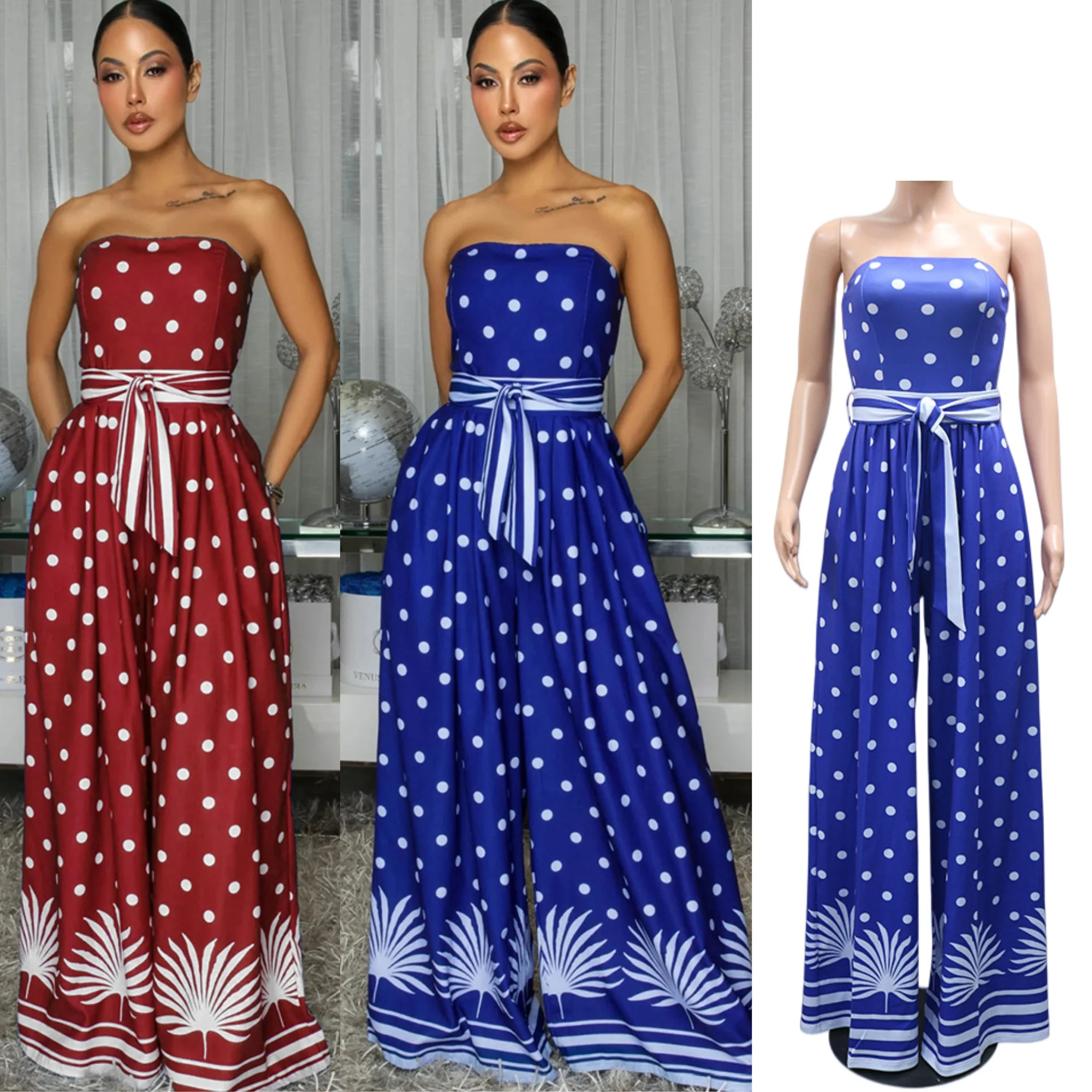 HLJ Elegant Polka Dot Patchwork Jumpsuits for Women Burgundy White Sleeveless Backless Strapless Wide Leg Romper Streetwear New