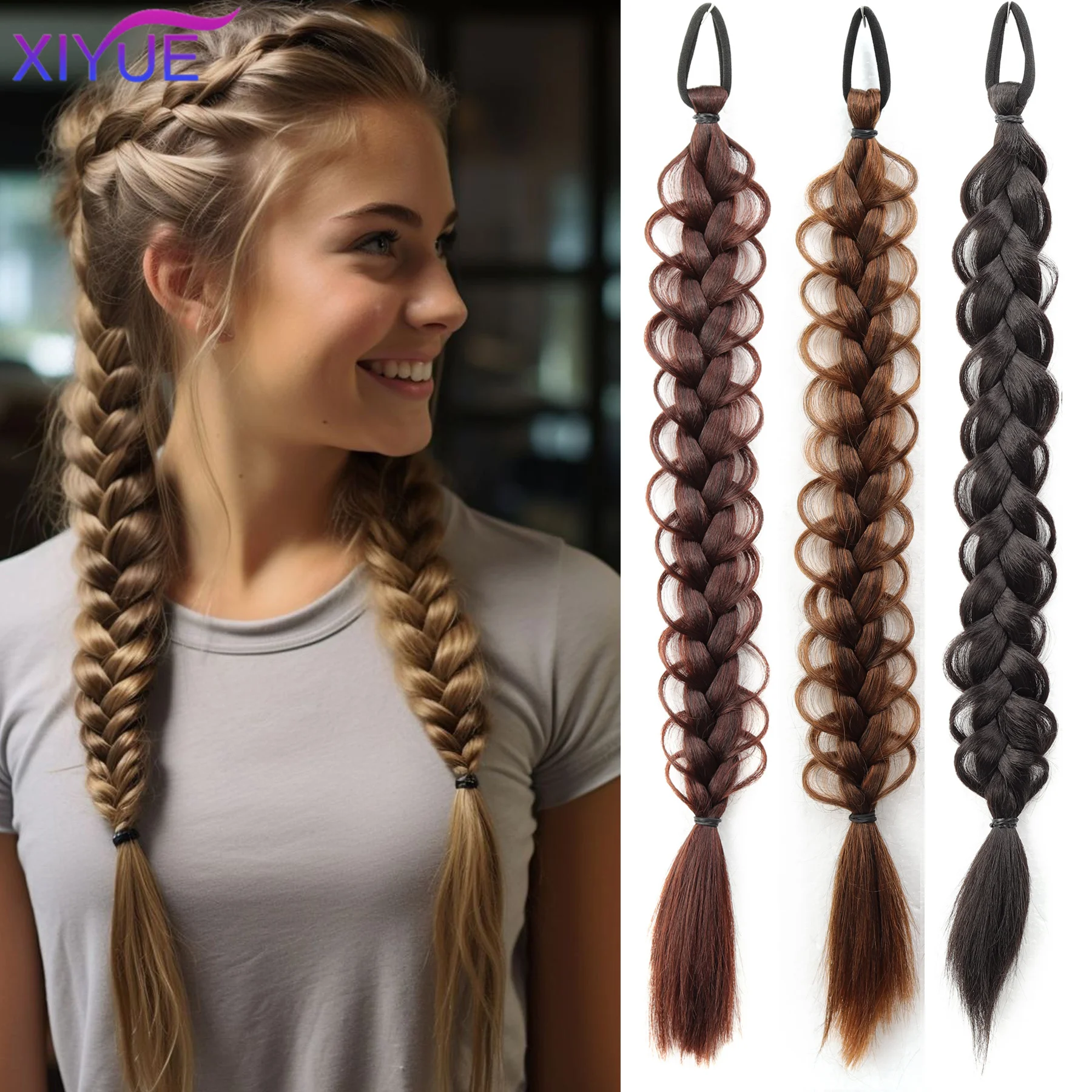 XIYUE Synthetic Long Twist Braid Ponytail Extensions With Rubber Band Boxing Braided Hair Extensions For Women Daily Use