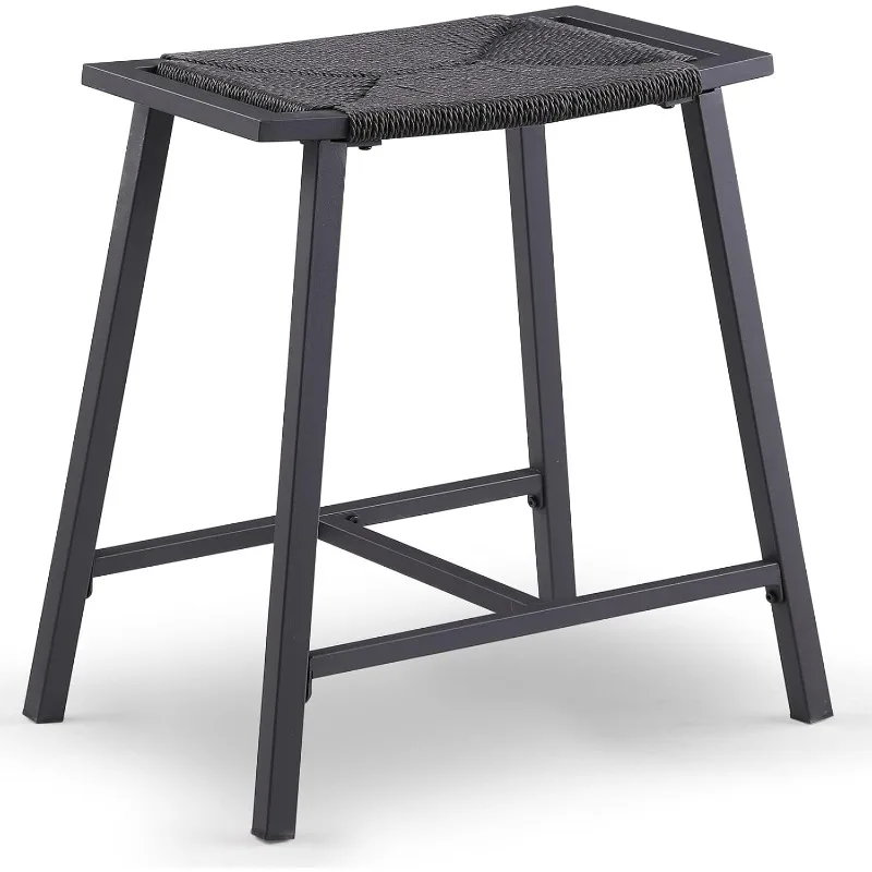 Counter Height Backless Bar Stool for Kitchen Island, Black Rope Wicker Pattern Weave Seat,Saddle Stools with Metal Base