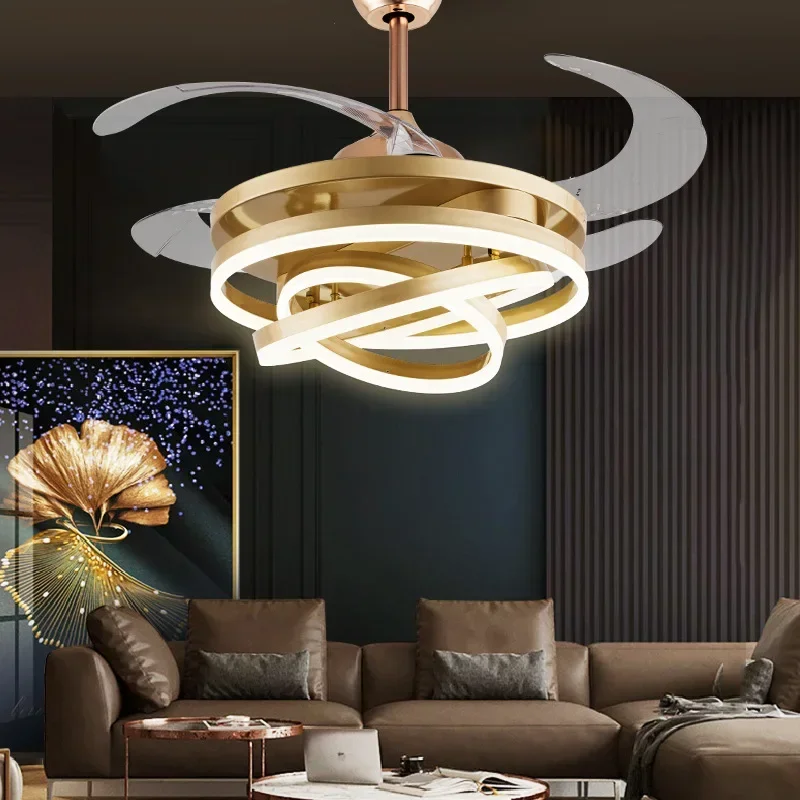 2025 Nordic Minimalist LED Ceiling Fan Light 42 Inches Retractable Blades Remote Control Bedroom Lamps For Room Ceiling Pendant