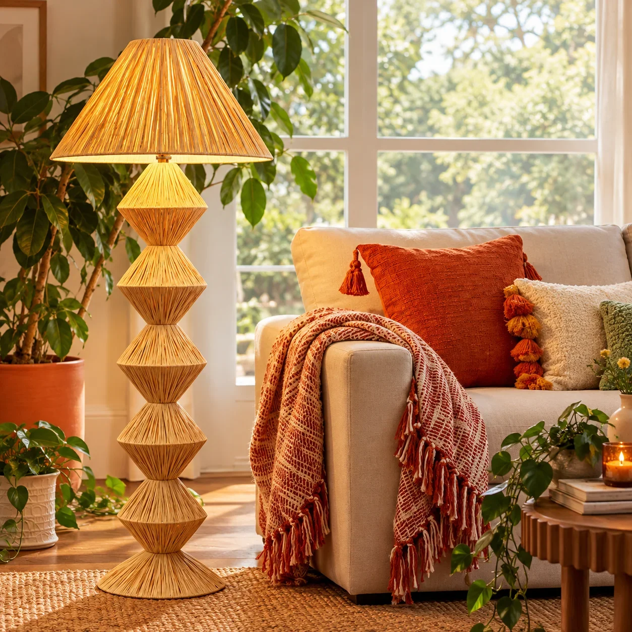 JOYINLED Handwoven Raffia Floor Lamp, Boho Rattan Standing Lamp, Natural Woven Tall Light Farmhouse Rustic Home Decor Lighting