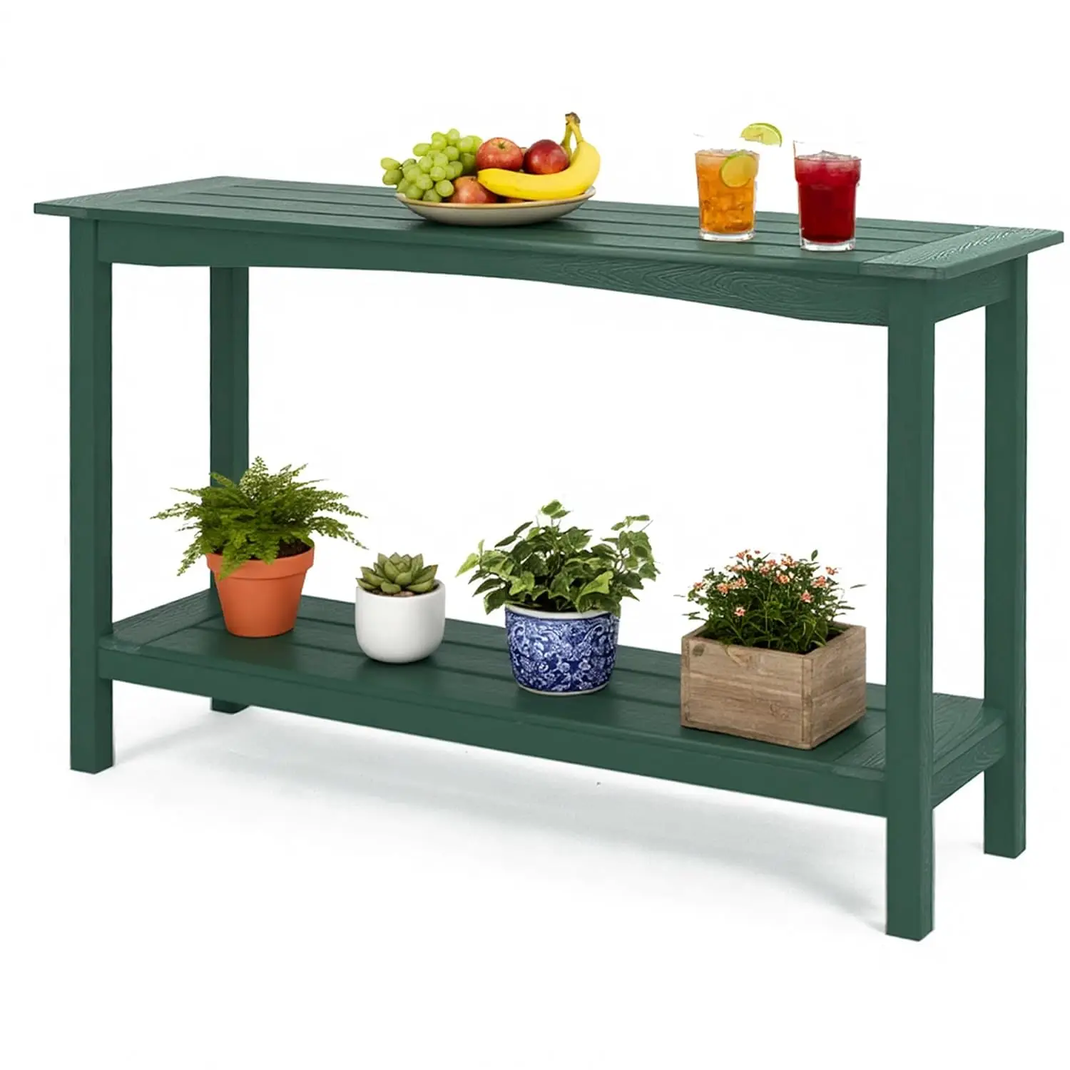 All-Weather 2-Tier Patio Console Table, Outdoor Plant Stand, HIPS, Never Rot & Fade, Indoor Backyard Garden Entryway, Customized