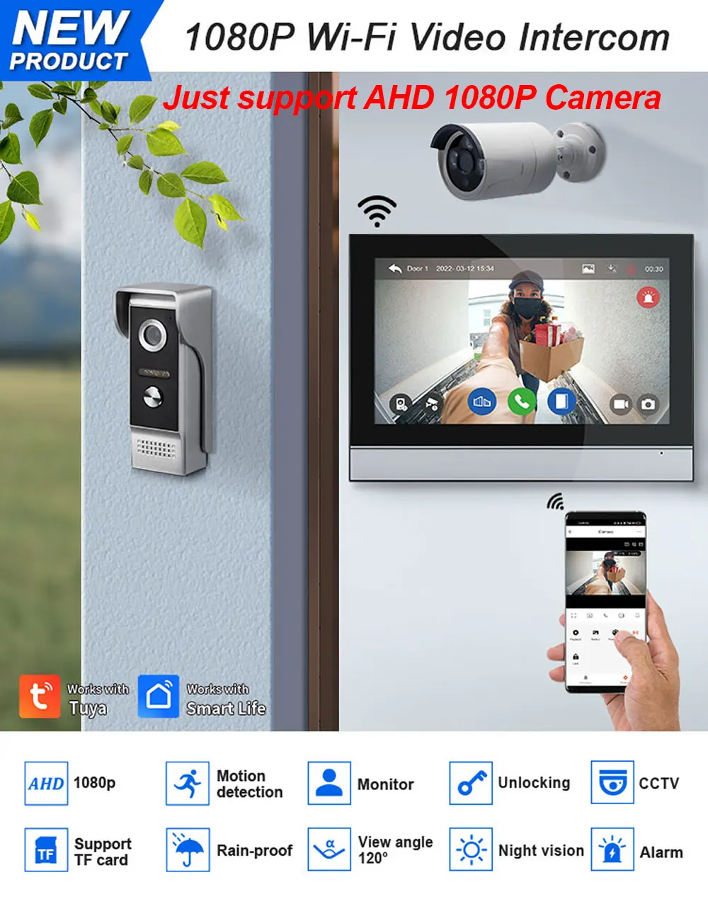 Wireless Wifi Video Doorbell System 1080P Doorphone Door Camera, 10 Inch Touch Screen Video Intercom 32GB SD card for Home