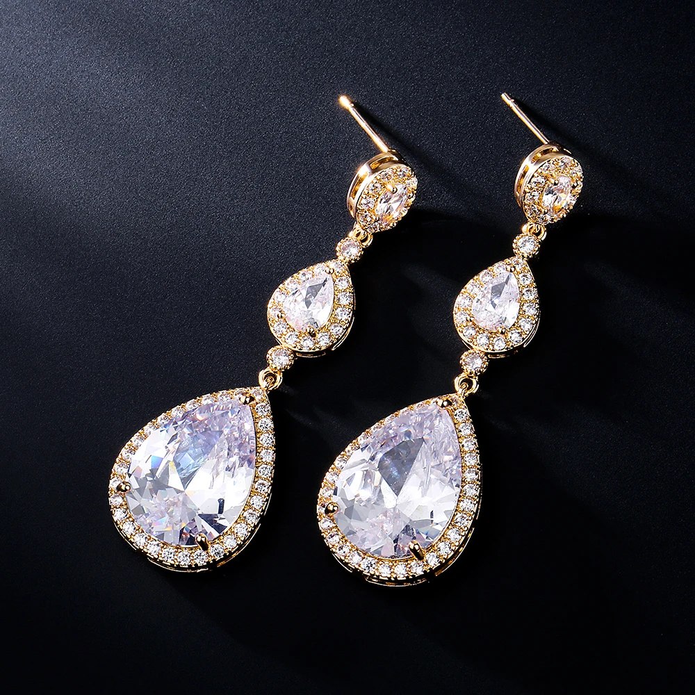 ZAKOL Band Round Wedding Jewelry Luxury White Water Drop Cubic Zircon Long Dangle Earrings for Women Engagement FSEP624