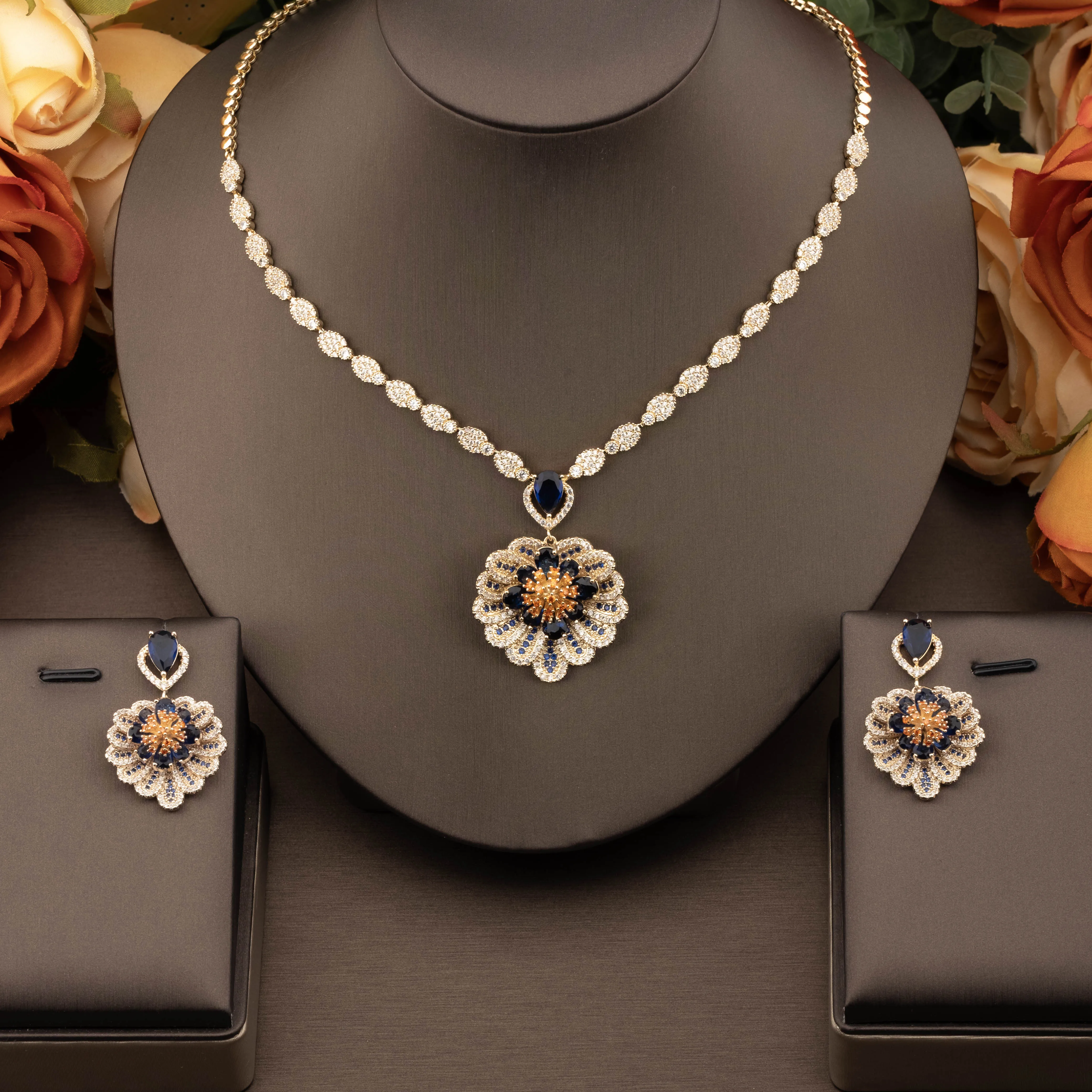 

1 Set of Luxurious and Elegant Jewelry Set with Sparkling Cubic Zirconia Flower Cluster Design, Suitable for Women to Wear at Weddings and Banquets. Gift Box Not Included