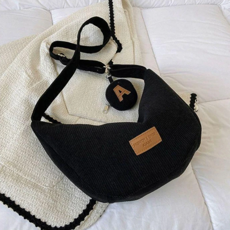 Corduroy Hobo Bag Fall Winter Korean Ins Style Girl Boy Casual Daily Commuter Crossbody Shoulder Bag Student Soft Vintage Trendy