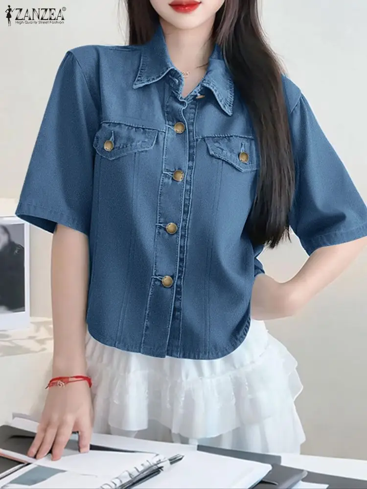 ZANZEA Women Shirts Fashion Short Sleeve Casual Solid Blouse 2025 Summer Lapel Buttons Elegant Office Lady Blusas Streetwear Top