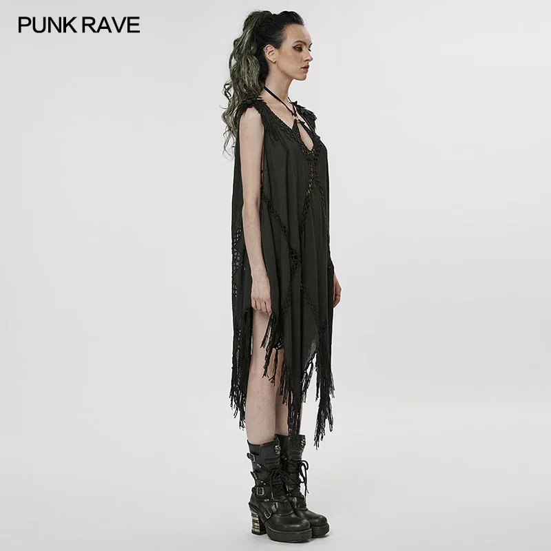 Imagem -02 - Punk Rave Feminino Novo Gótico Grande Decote em v Bruxa Tecido Vestido Punk Oco Personalidade Solta Borlas Bainha Vestidos Verão Streetwear