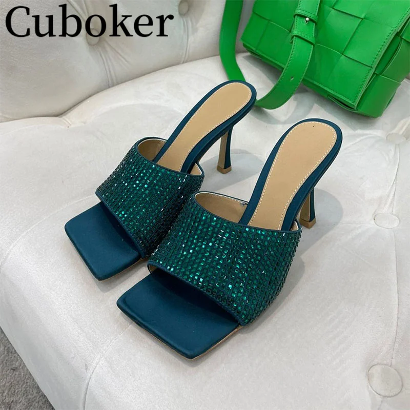 

New Summer Designer Brand Bling High Heel Women Slippers Square Toe Crystal Lady Slingback Party Mules Shoes for Women Vacation