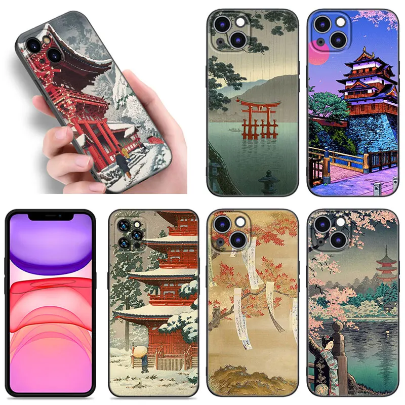 Ukiyo-e Japanese Style Art Black Silicone Phone Case For Apple iPhone 12 13 Mini 11 14 15 16 Pro Max 7 8 Plus