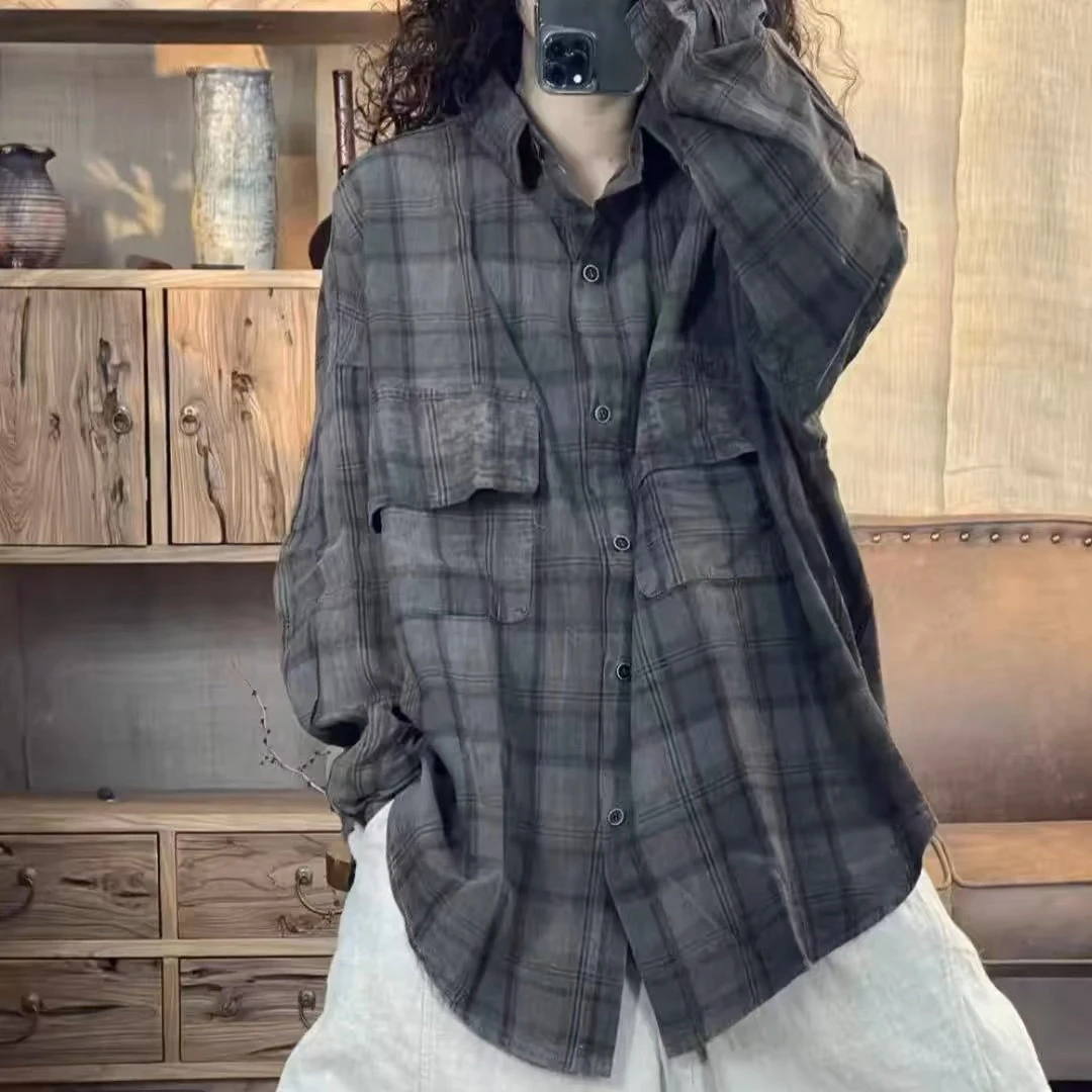 

Новое поступление, повседневная клетчатая одежда большого размера, универсальная женская одежда, осенний сезон, удобная посадка, длинный воротник све, для поездок на работу, Sle