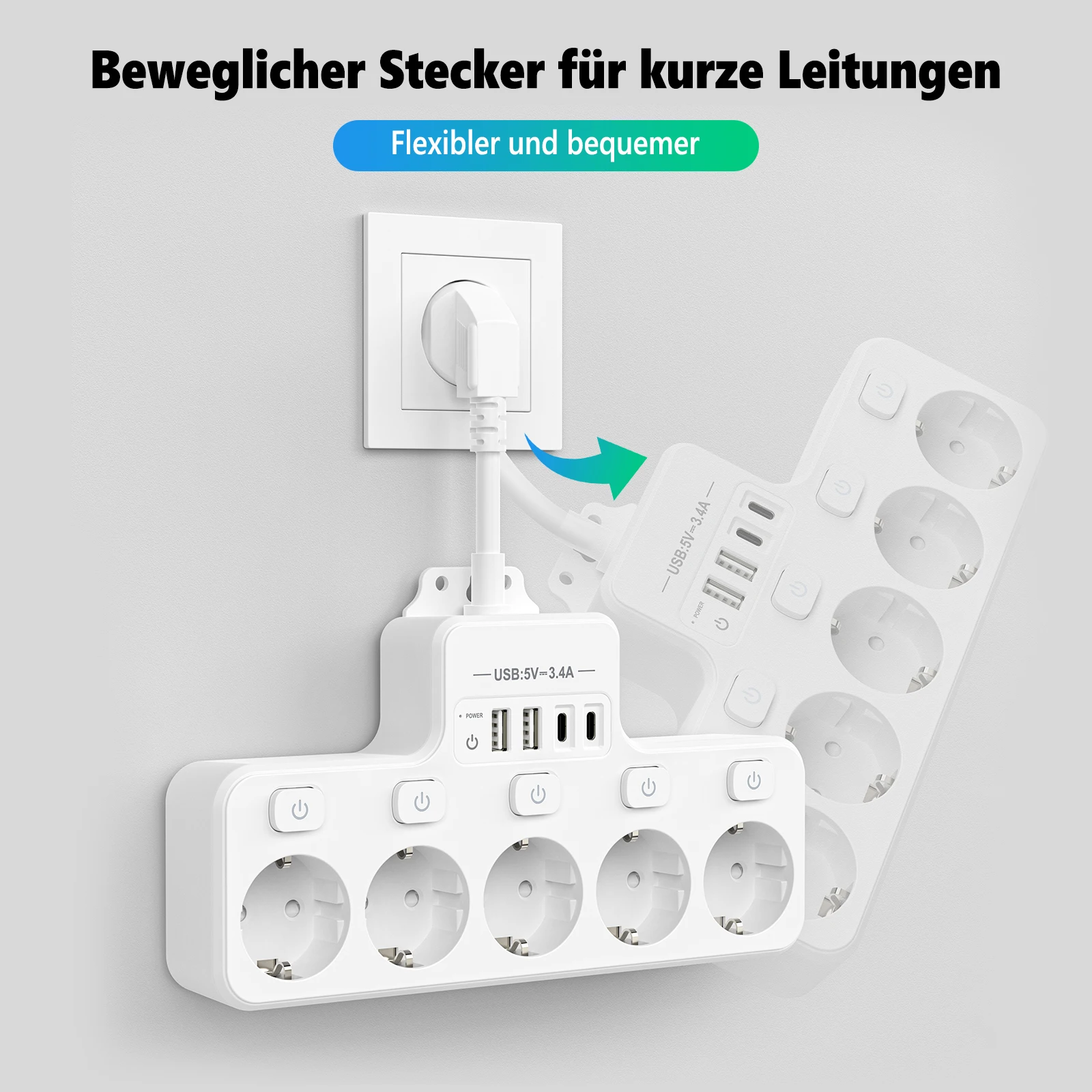 EU KR Plug Power Strip 5-Way AC Outlets with 2 USB 2 Type C Mulit Plug Multicontact Electrical Socket Wall For Home Office image 3