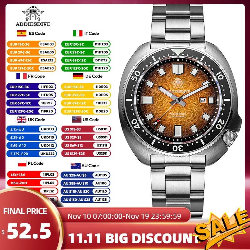 

ADDIESDIVE Mens Quartz Diver Watch 200M Waterproof Sapphire Crystal BGW9 Luminous Ceramic Bezel Stainless Steel Strap AD2511