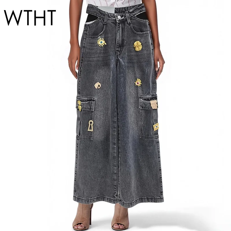 

WTHT Trendy Women's Metal Buckle Decoration Cargo Jeans 2026 Spring Waist Hollow Out Design Straight Denim Pants Female 1LS2929