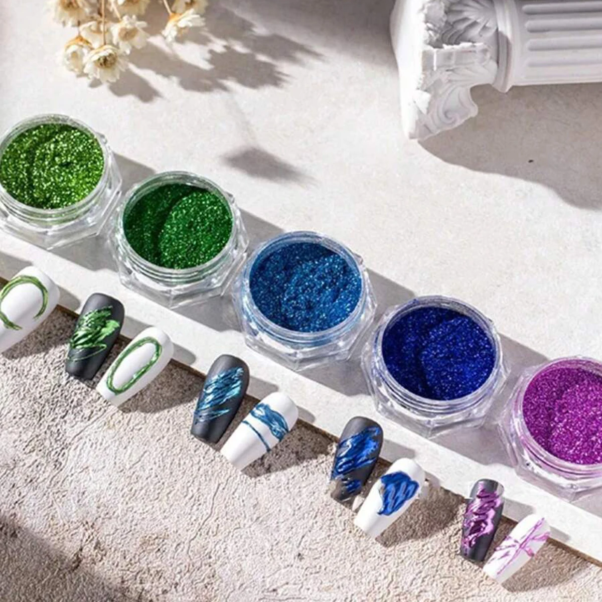 Magic Mirror Sparkling Powder Set, pintura metálica escura, Nail Art Decoração, DIY Charm Products, Outono, Inverno, 5 Pcs, 8Pcs