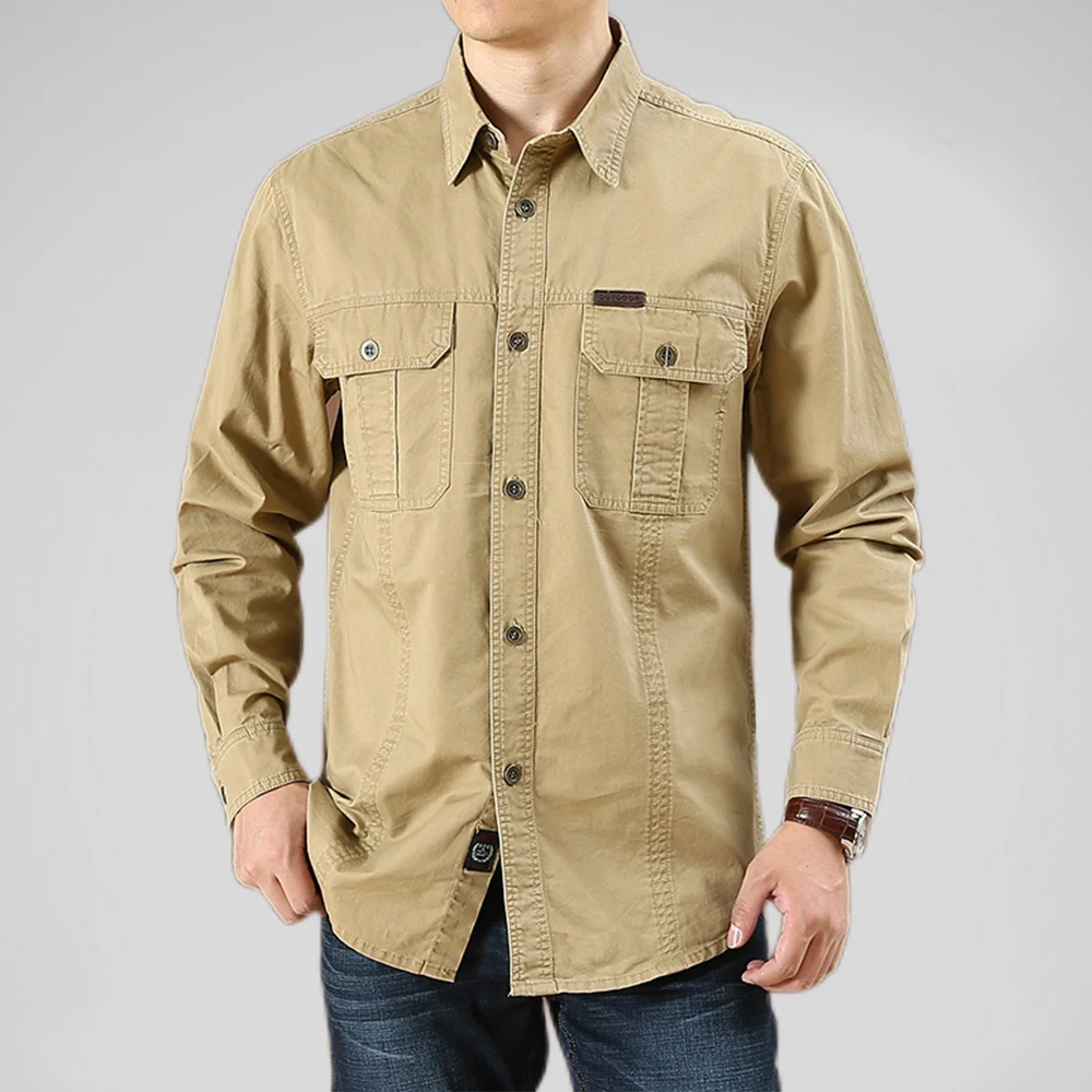 Men\'s Cargo Shirt 100% Cotton High Quality Solid Color Multi-Pocket Shirts New Fashion Outdoor Casual Long Sleeve Shirts for Men