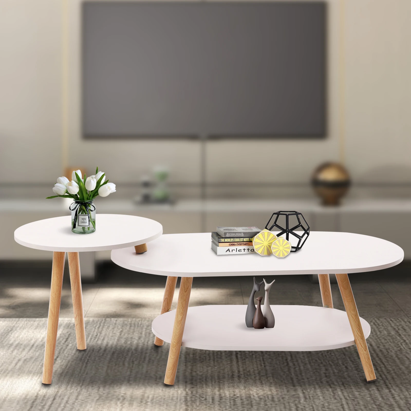 2 Tier Combination Coffee Table MDF Solid White Tea Table with Open Shelving for Storage and Display Modern Living Room