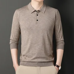 2023 Classic High Quality Men's Autumn Long Sleeve Wool Blended Solid Color Lapel Polo Pullover Sweater, Casual Basement Shirt