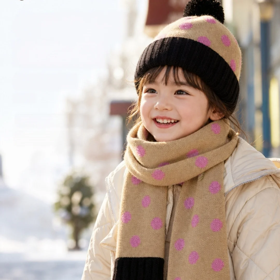 Winter Polka Dot Kids Knit Beanie Hat Color Blocking Warm Windproof Kids Scarf for Boys Girls Outdoors Warm Children Cap