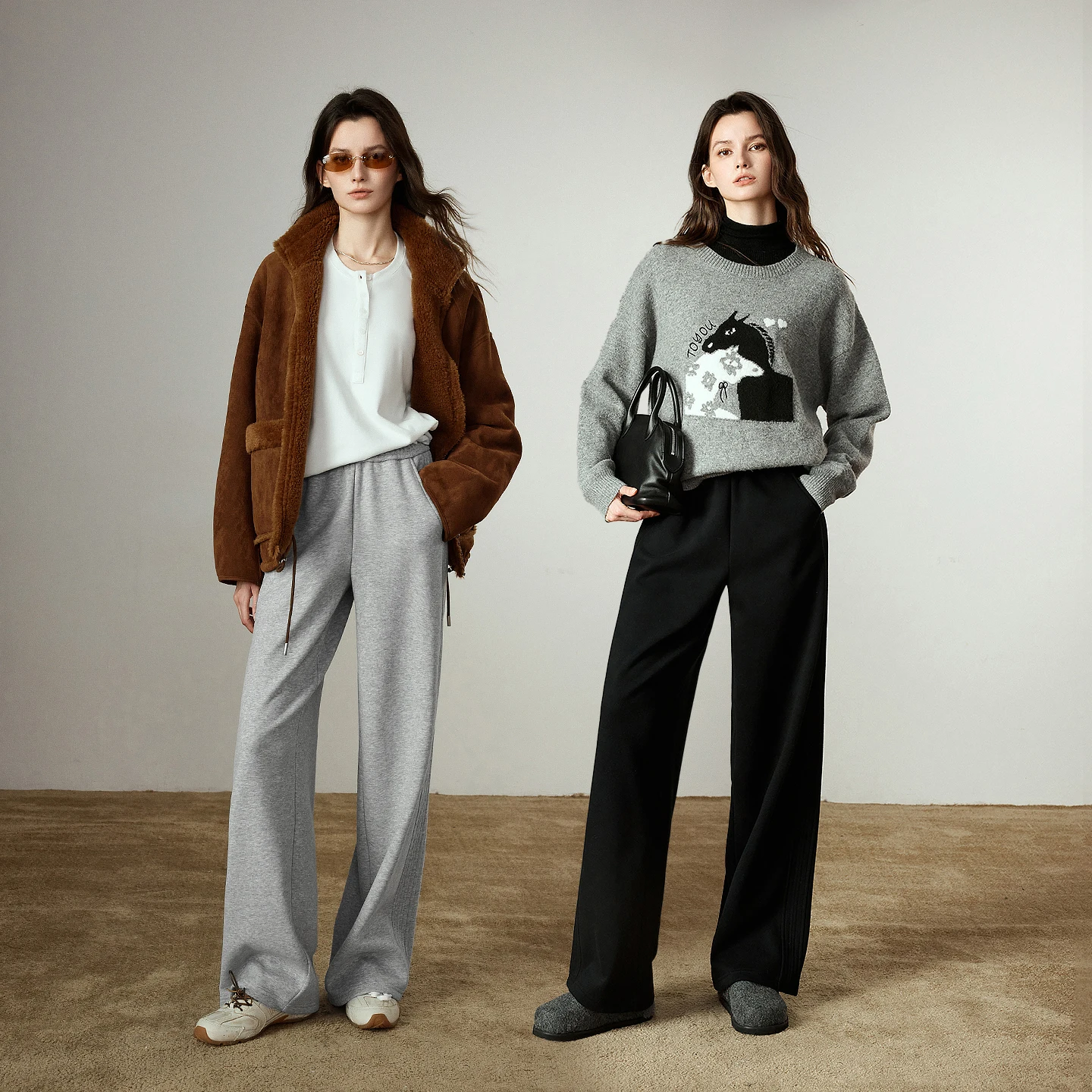 TOYOUTH Women Wide Leg Pants 2025 Winter New Lined and Warm Elastic Waist at Side Seam Light Sporty Casual Long Pants