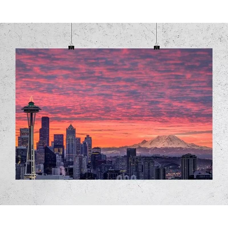 H320 Silk Poster Home Decoration Seattle Washington Sunset Skyline Wall Art Christmas Gift