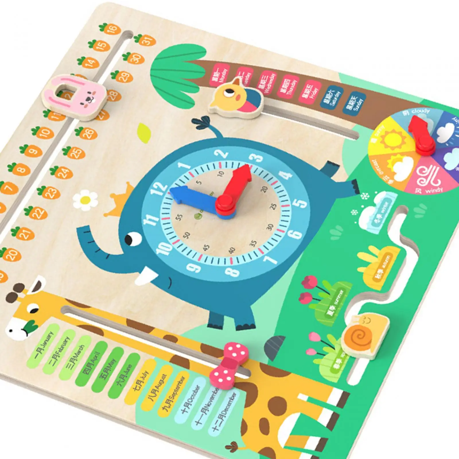 木製カレンダー時計、教育用ポータブルパズルカレンダー時間学習玩具、幼児向けモンテッソーリ玩具