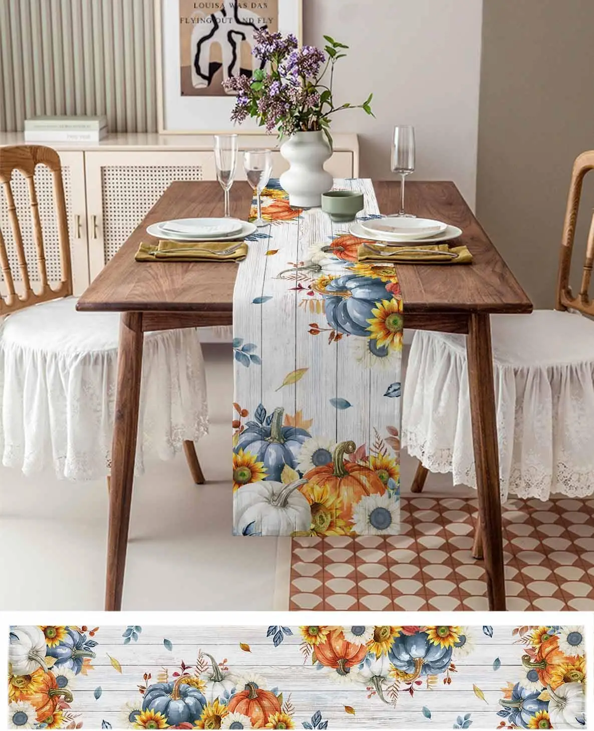 Thanksgiving Fall Sunflowers Pumpkin Wood Grain Linen Table Runner Autumn Dresser Scarf Wedding Party Kitchen Dining Table Decor