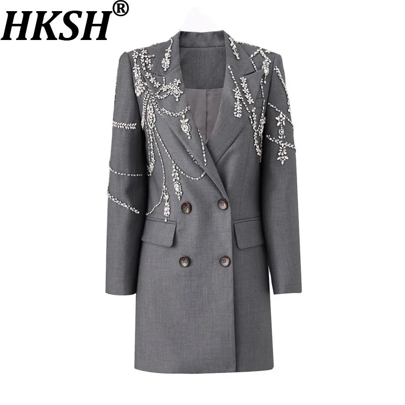 

HKSH Autumn New Women Long Blazer Heavy Craft Studded Diamonds Double Breasted Pockets Temperament Chic Office Lady Coat HK11183
