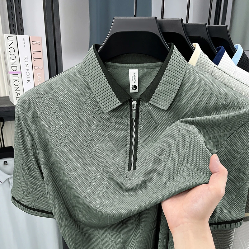Summer New Men's Zippered Polo Shirt- Breathable and Cool- Flared Collar- Loose Short Sleeves