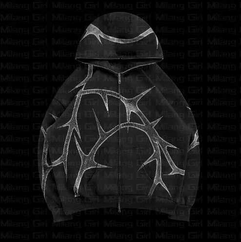 Hip Hop Rhinestone Print Hoodies Pants Suit Men Women Streetwear Fashion Y2k Zipper Hoodie Jacket Gothic Autumn Loose Sweatshirt