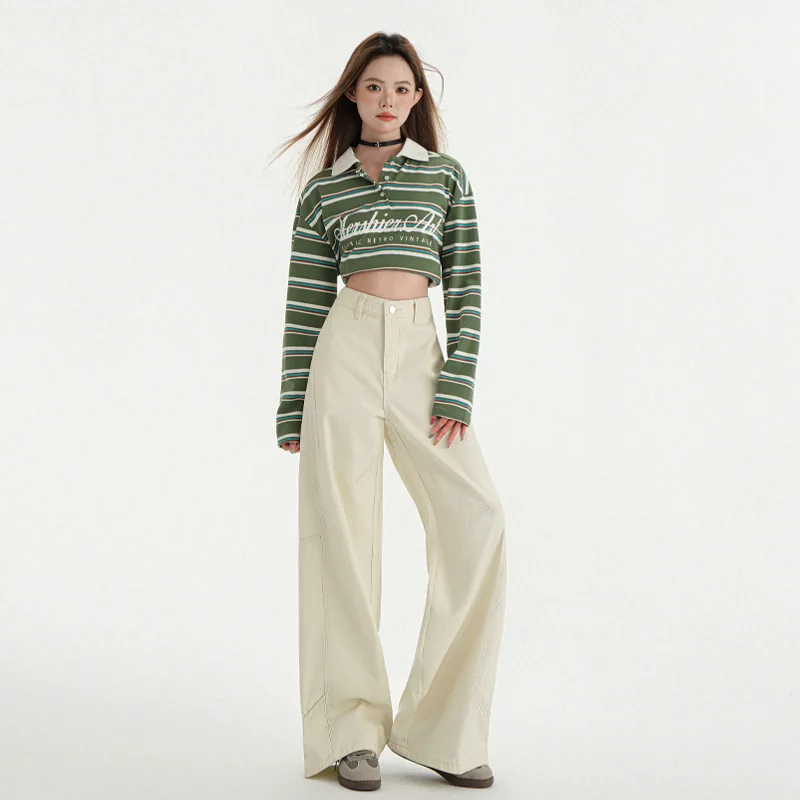 

American New Style American Retro Jeans Women's Design Stitching Khaki Loose Wide-Leg Straight Trousers