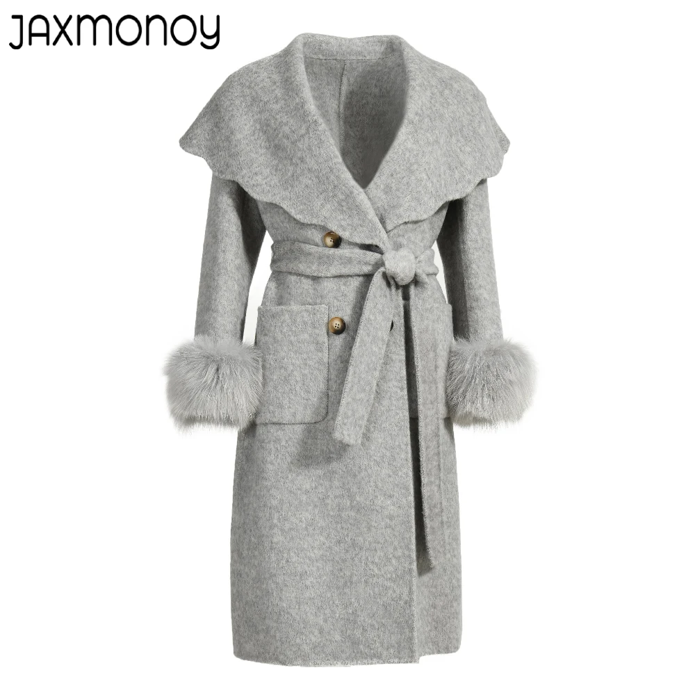 

Jaxmonoy Women's Winter Cashmere Coat Ladies Big Turn-down Collar Real Fox Fur Cuffs Long Trench Female Autumn Elegant Outerwear