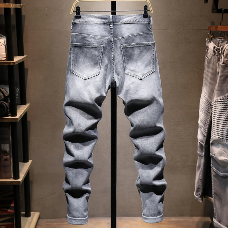 Street Designer Fashion Men Jeans Retro Gray Stretch Slim Fit Spliced Ripped Jeans Men Zipper Patched Hip Hop Denim Biker Pants