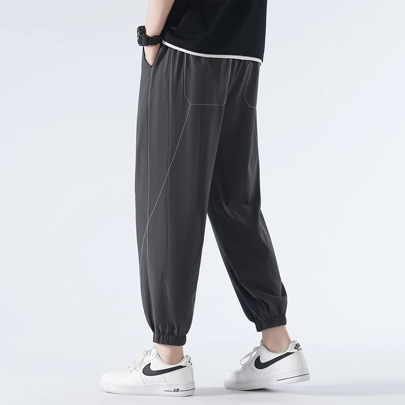 New Youth Fashion Versatile Ice Silk Elastic Quick Drying Sports Haren Pants Spring Summer Men'S Casual Loose 9-Point Trousers